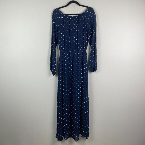 Reformation Augusta Maxi Dress Size Medium Navy Polka Dot Side Slit - Picture 7 of 11